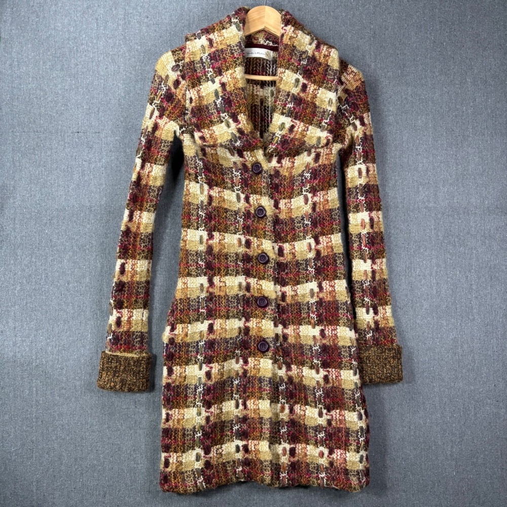 Charlie & Robin Womens XS Brown Plaid Longline Cardigan Shawl Collar Cozy Boho